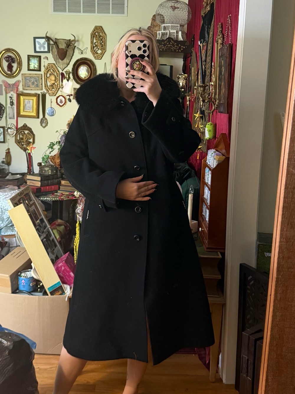Vintage Berghaus tailored wool coat with fur collar and belt